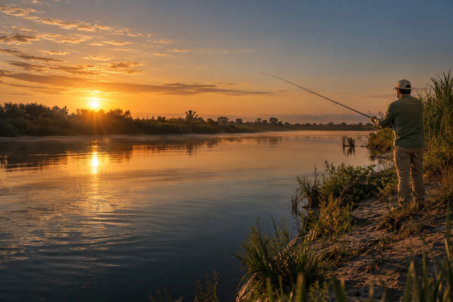 An angler casting into calm water at sunrise
