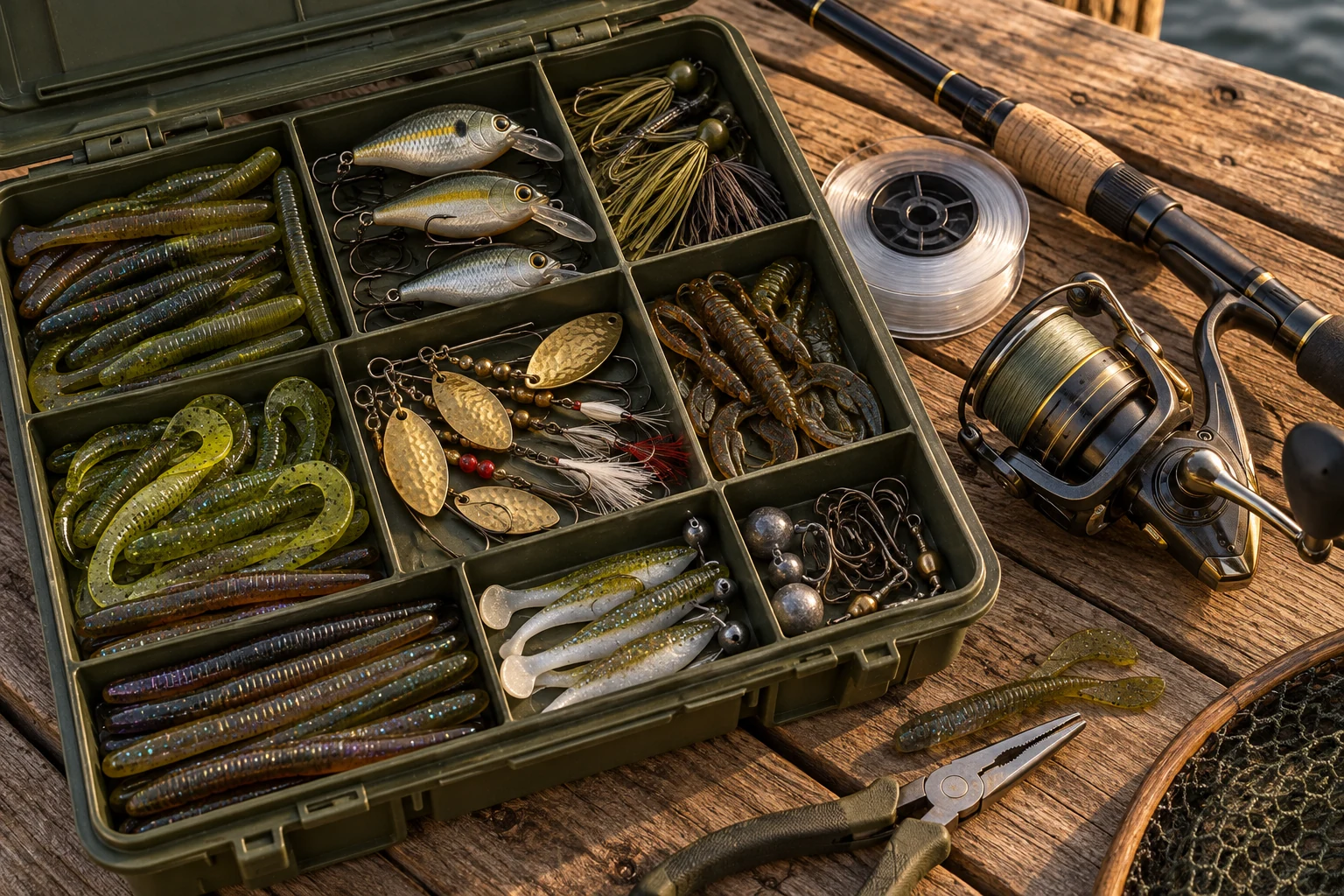 Fishing lures, soft baits, line, and a spinning reel in a tackle box